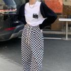 Plain Cropped Cardigan / Checkerboard Pattern Wide-leg Pants