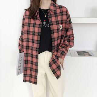 Flower Embroider Plaid Long-sleeve Shirt