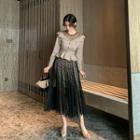 Set: Mesh Panel Long-sleeve Peplum Top + Mesh Overlay Midi A-line Skirt