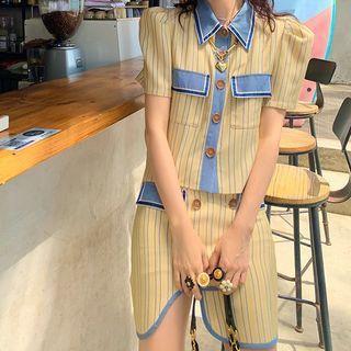 Striped Blouse / Irregular Mini A-line Skirt