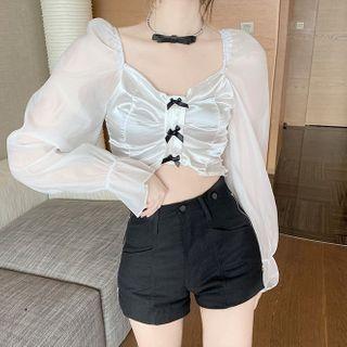 Long-sleeve Square-neck Mesh Panel Cropped Top