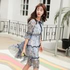 Floral Print Tiered Elbow-sleeve Dress