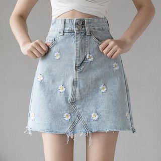 Daisy Embroidered Denim Mini Pencil Skirt