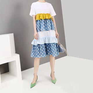 Ruffle Dotted Short-sleeve Dress White - One Size
