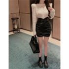 Plain Sweater / Faux Leather Mini Skirt
