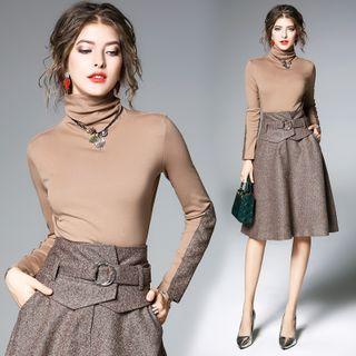 Set: Turtleneck Long-sleeve Top + A-line Skirt
