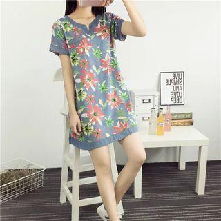 Short-sleeve Notched-neck Printed Denim Dress