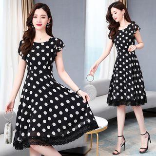 Dotted Lace Trim Short-sleeve A-line Dress