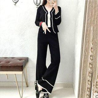 Contrast Trim Cardigan + Wide-leg Pants