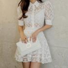 Set: Short-sleeve Lace Shirt + Mini A-line Skirt