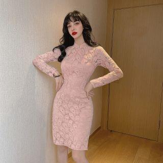 Long-sleeve Mock-neck Lace Mini Dress