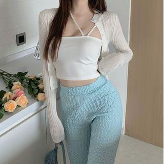 Boot-cut Pants / Cropped Camisole Top / Cardigan