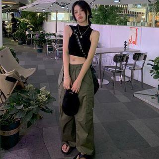 Plain Crop Tank Top / Wide Leg Cargo Pants