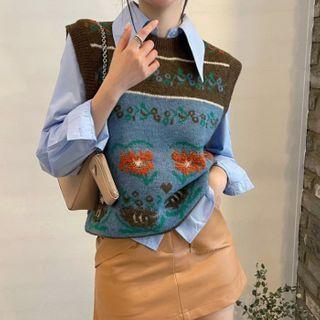 Flower Print Sweater Vest / Plain Shirt
