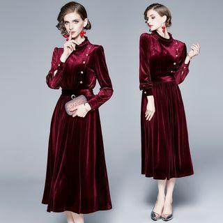 Buttoned Long-sleeve Velvet A-line Midi Dress