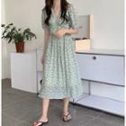 Bell-sleeve V-neck Buttoned Floral Dress Green - One Size
