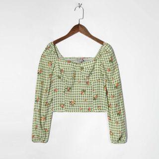 Gingham Floral Cropped Blouse