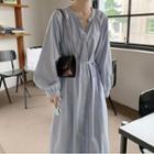 Long-sleeve Button-up Tie-waist Midi A-line Dress