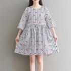 3/4-sleeve Cherry Print Striped A-line Mini Dress