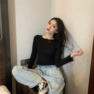 Long-sleeve Half-button Cropped T-shirt
