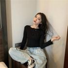 Long-sleeve Half-button Cropped T-shirt