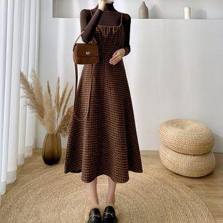 Long-sleeve High-neck Plain Knit Top / Plaid Spaghetti-strap Dress (various Designs)