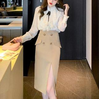 Stand-collar Bow Chiffon Shirt / High-waist Skirt