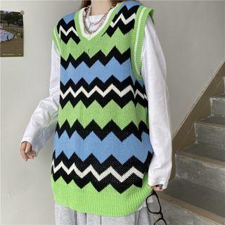 V-neck Jagged Striped Color Block Knit Vest As Shown In Figure - One Size