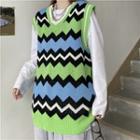 V-neck Jagged Striped Color Block Knit Vest As Shown In Figure - One Size