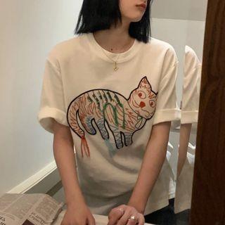 Short-sleeve Cat Print T-shirt Cat - White - One Size