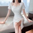 Short-sleeve Plain Slit Midi Bodycon Dress