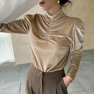 Mockneck Ruched Velvet Top Beige - One Size