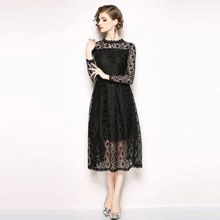 Long-sleeve Star Print Midi A-line Lace Dress