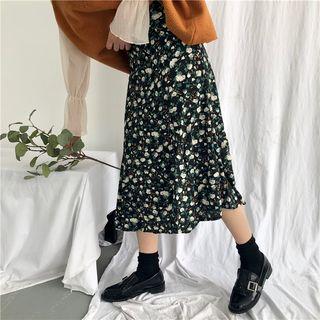 Set: Bell-sleeve Sheer Top + Floral Print A-line Skirt
