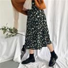 Set: Bell-sleeve Sheer Top + Floral Print A-line Skirt