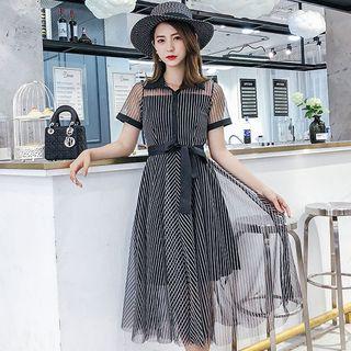Short-sleeve Striped Sheer Midi Dress