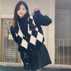 Long-sleeve Mock-neck Knit Top / Floral-accent Diamond Pattern Button-up Vest