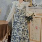 Set: Long-sleeve Blouse + Sleeveless Floral Print Midi A-line Dress