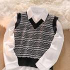 Long-sleeve Plain Shirt / Striped Knit Vest