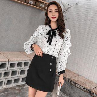 Long-sleeve Ribbon Collar Polka Dot Blouse