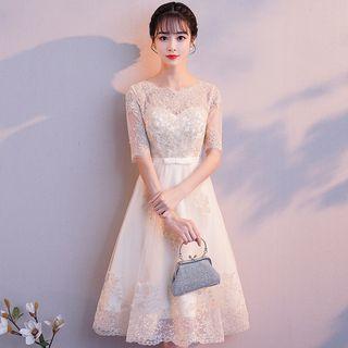 Elbow Sleeve Lace Panel Cocktail Dress