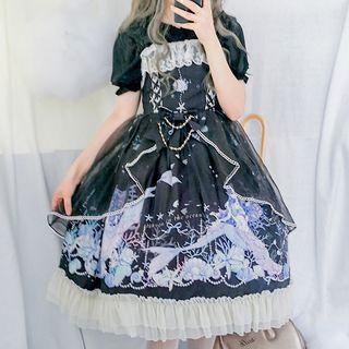 Printed Lace Panel A-line Pinafore Dress