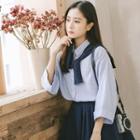 3/4-sleeve Pinstriped Mock Two Piece Blouse