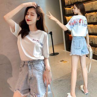 Short-sleeve Lettering T-shirt / Frayed Trim Denim Shorts / Set