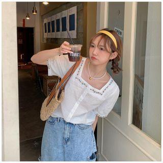 Elbow-sleeve Square-neck Floral Embroidered Top White - One Size