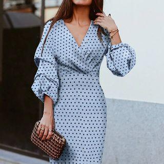 Long-sleeve V-neck Dotted Midi Sheath Dress
