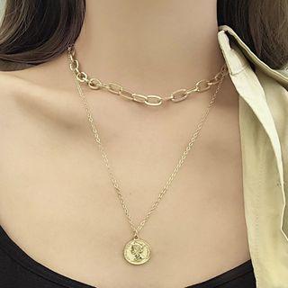 Layered Coin Pendant Necklace Double Layer Chain Necklace - One Size