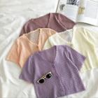 Plain V-neck Single-breasted Short-sleeve Knit Top