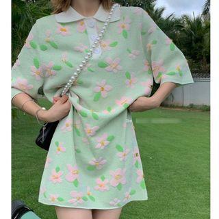 Elbow-sleeve Polo-neck Knit Mini A-line Dress Green - One Size