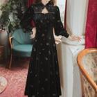 Long-sleeve Floral Embroidered Velvet Midi A-line Qipao Dress